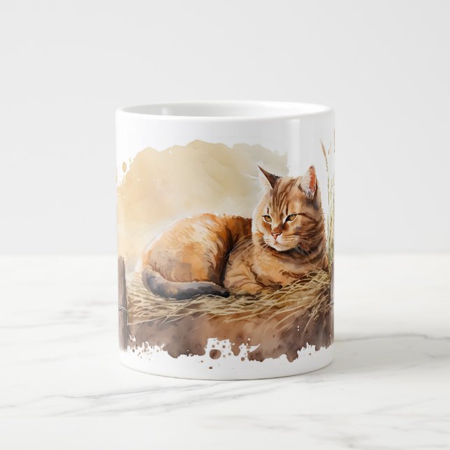 Caneca De Café Grande Gengibre de Aquarela Ginger Cat On Hay (Frente)