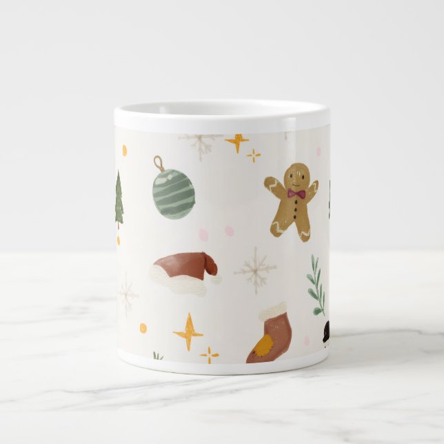 Caneca De Café Grande Gingerpão, boneco de neve, árvore e ícones de feri (Frente)