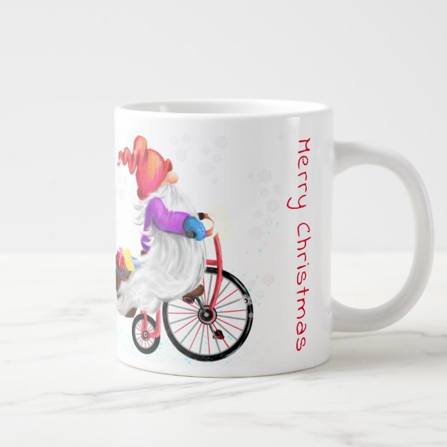 Caneca De Café Grande Gnome engraçado com bicicleta e presentes - Feliz  (Direita)
