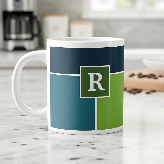 Caneca De Café Grande Grandes tiras em azul e verde com Monograma (coffee mug in blue and green with monogram)