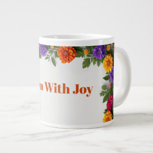 Caneca De Café Grande Grinalda de Flores Coloridas Com Dahlias e Marigol