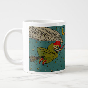 Caneca De Café Grande Halloween Antigo, Bruxa Má Voadora em Vassoura
