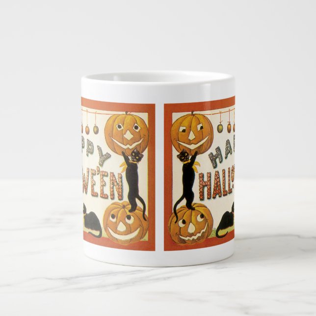 Caneca De Café Grande Halloween Antigo, Gatos Pretos com Jackolanterns (Frente)