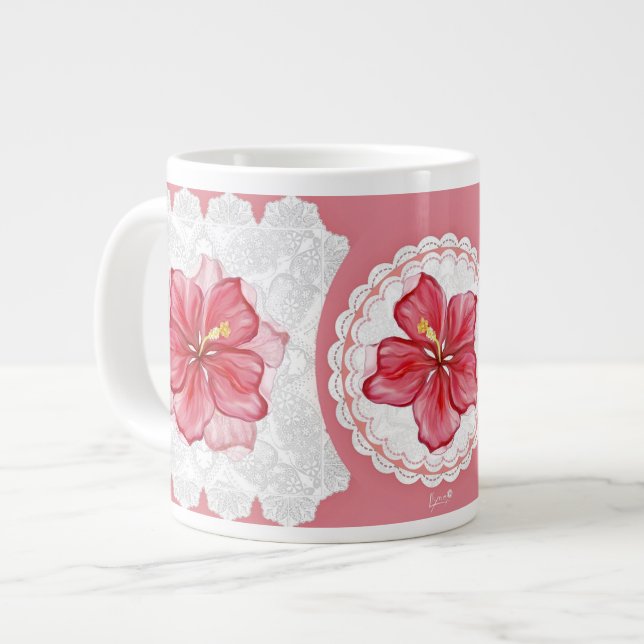 Caneca De Café Grande Hibiscus e rendas RED (Frente Esquerda)