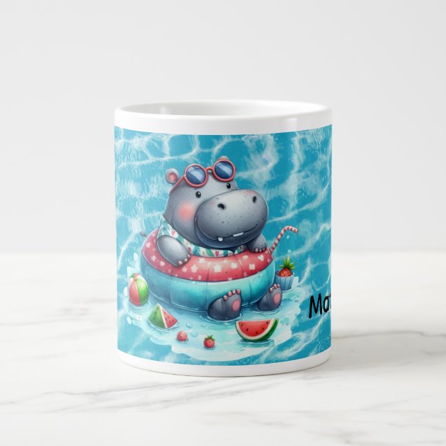 Caneca De Café Grande Hipopótamo na piscina com Nome (Frente)