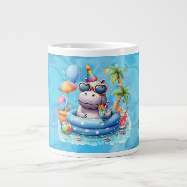 Caneca De Café Grande Hipopótamo na piscina com Nome (Frente)
