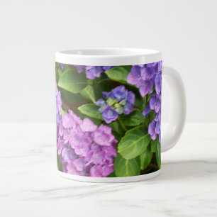 Caneca De Café Grande Hortênsias, Azul, Rosa, Malva, Folhas Verdes