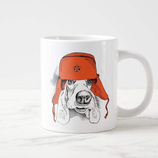 Caneca De Café Grande Hound Basset| Red Ushanka Hat (Direita)
