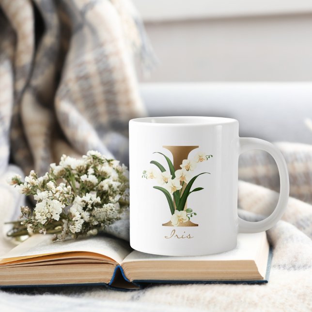 Caneca De Café Grande I - Letra Monograma Dourado | Orquídeas Florais Br (Criador carregado)