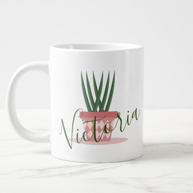 Caneca De Café Grande Ilustração de Cacto Aloe Vera Nome (Esquerda)