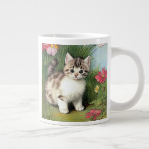 Caneca De Café Grande Ilustração de Gato Antigo com Flores Vermelhas