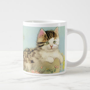 Caneca De Café Grande Ilustração de Gato Vintage com Flores Rosa