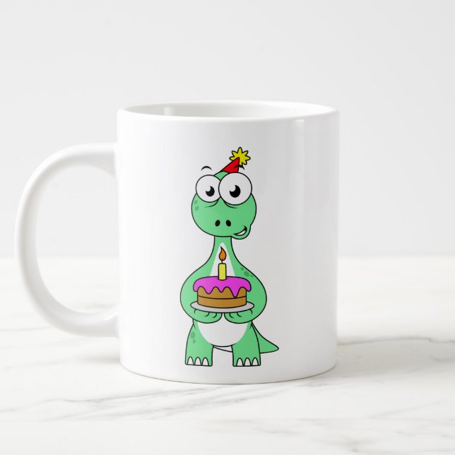 Caneca De Café Grande Ilustração De Um Brontossauro Com Bolo De Aniversá (Esquerda)