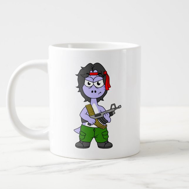 Caneca De Café Grande Ilustração De Um Brontossauro Vestido Como Rambo. (Esquerda)
