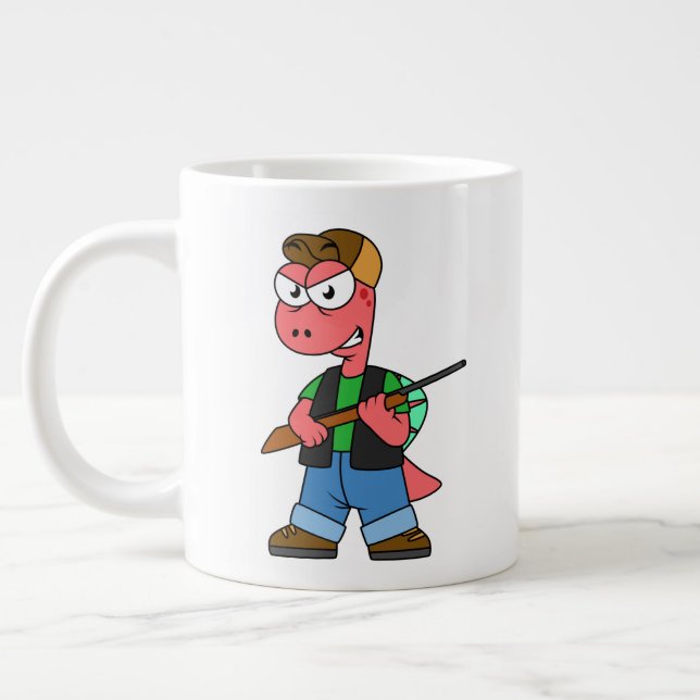 Caneca De Café Grande Ilustração De Um Caçador De Espinossauro Com Arma. (Esquerda)
