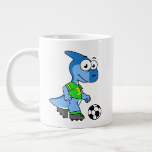 Caneca De Café Grande Ilustração De Um Parasaurolofo Jogando Futebol.