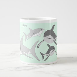 Caneca De Café Grande Ilustração Verde de Tubarões do Oceano Livremente