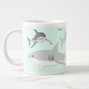 Caneca De Café Grande Ilustração Verde de Tubarões do Oceano Livremente