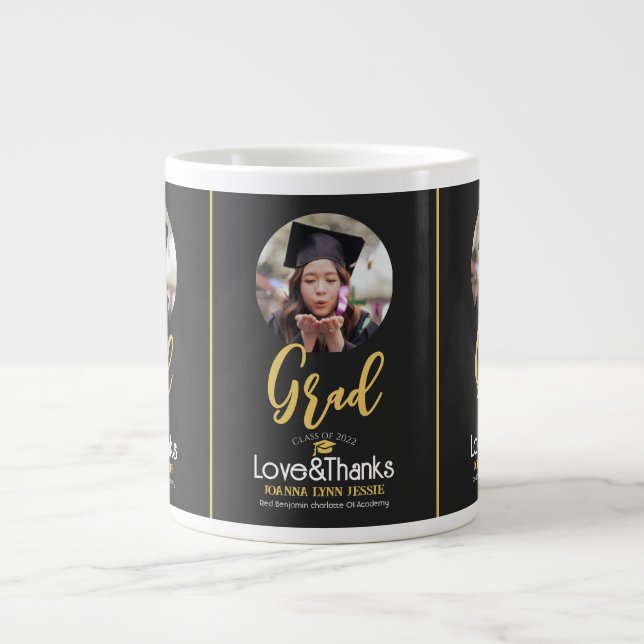 Caneca De Café Grande Imagem de Script de Obrigados de Boné de Graduação (Frente)