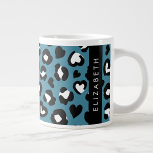 Caneca De Café Grande Impressão Animal, Leopardo Azul, Corações, Seu Nom