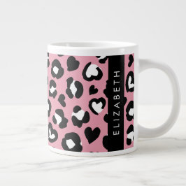 Caneca De Café Grande Impressão Animal, Leopardo Rosa, Corações, Seu Nom