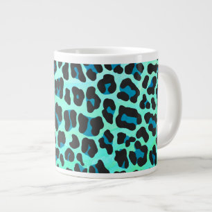 Caneca De Café Grande Impressão de Leopardo Negro e Teal