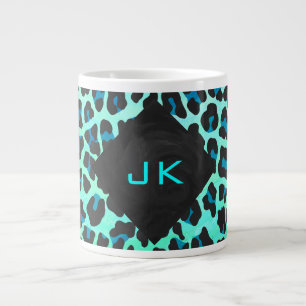 Caneca De Café Grande Impressão de Leopardo Negro e Teal