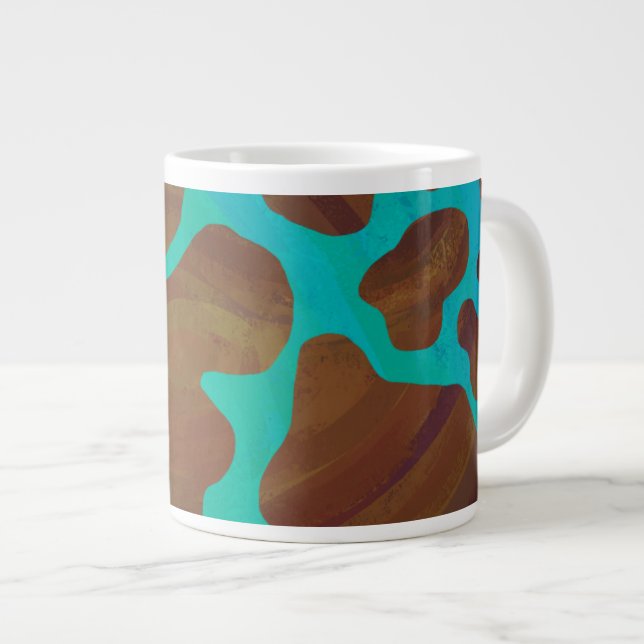 Caneca De Café Grande Impressão de Vaca Castanho e Teal (Frente Esquerda)