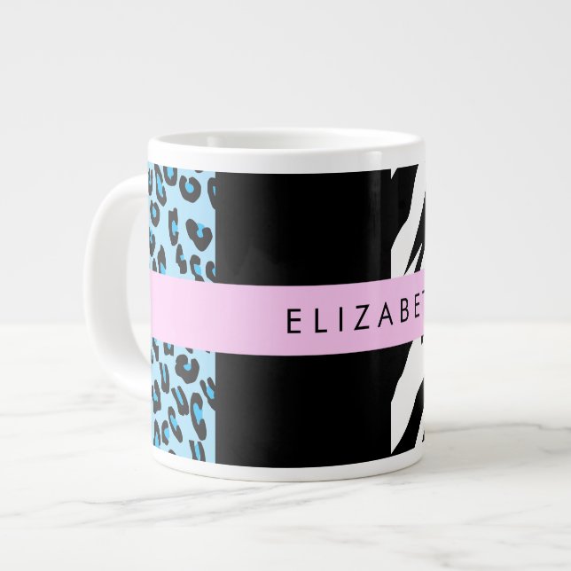 Caneca De Café Grande Impressão Leopardo, Impressão Zebra, Azul, Seu Nom (Frente Esquerda)