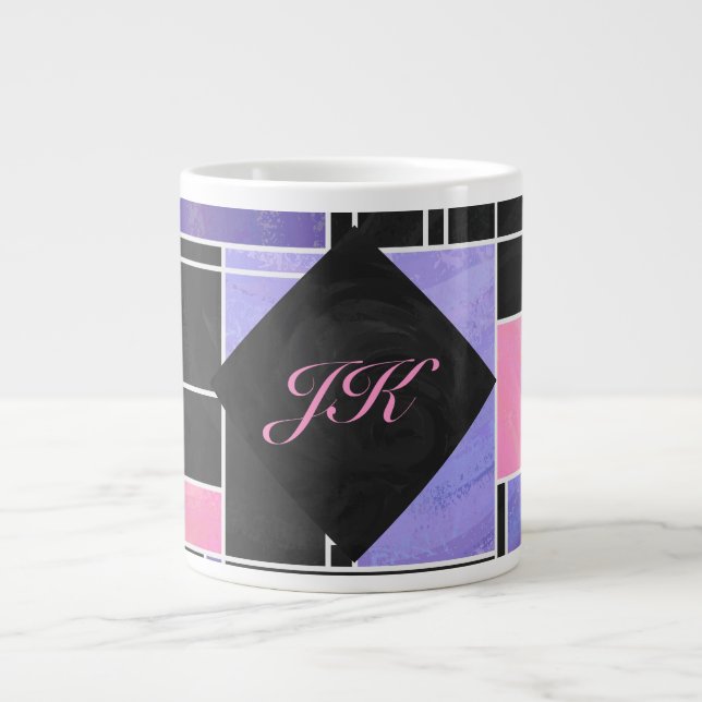 Caneca De Café Grande Impressão preto roxo mondriano (Frente)