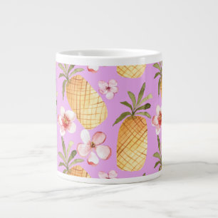 Caneca De Café Grande Impressão tropical de abacaxi retrô sobre fundo li