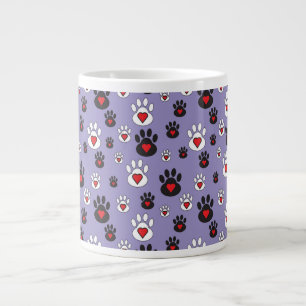 Caneca De Café Grande Impressões de patas com corações vermelhos em azul