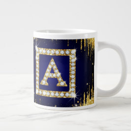 Caneca De Café Grande Inicial A com Monograma Dourado e Brilho Azul