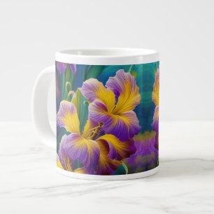 Caneca De Café Grande Iris Folhas plorais roxas e azuis-douradas