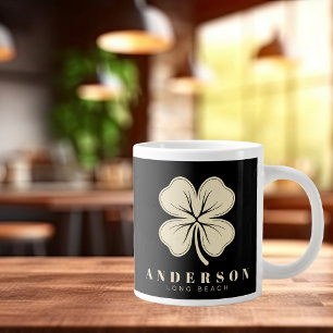 Caneca De Café Grande Irlandês Lucky Quatro Folha com Nome Preto