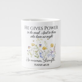 Caneca De Café Grande Isaiah 40:29 Ele dá poder à Escritura de Flores Se