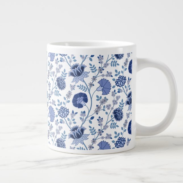 Caneca De Café Grande Jacobean Floral Pattern Blues em Branco (Direita)