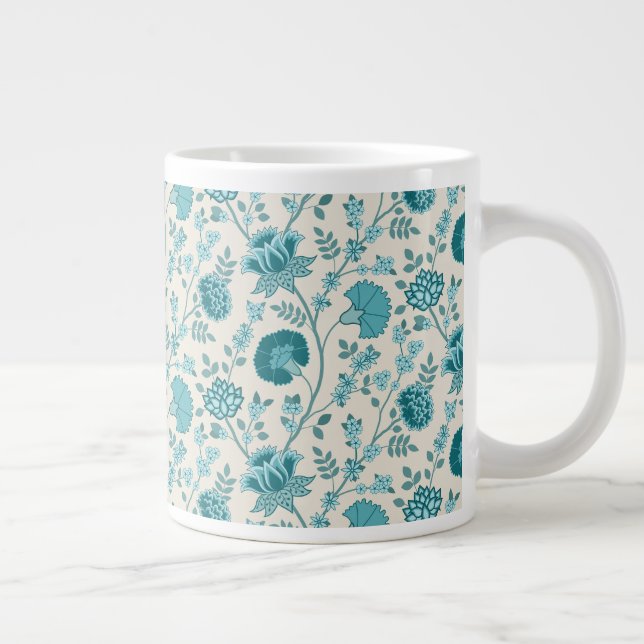 Caneca De Café Grande Jacobean Floral Pattern Teals on Cream (Direita)