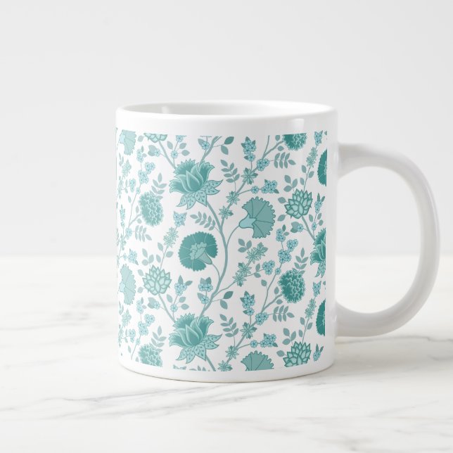 Caneca De Café Grande Jacobean Floral Pattern Teals on White (Direita)