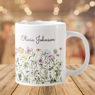Caneca De Café Grande Jardim de Flores Silvestres com Nome Personalizado