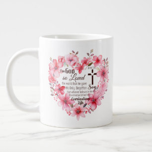 Caneca De Café Grande John 3:16 Verso de Bíblia Coração Floral