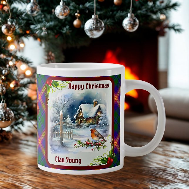 Caneca De Café Grande Jovem Tartan & Robin Natal Personalizado (Criador carregado)