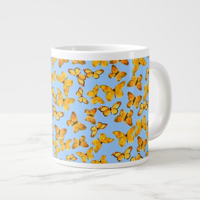 Caneca De Café Grande Jumbo Coffee Mug, Borboletas de Ouro no Sky Blue (Frente Esquerda)