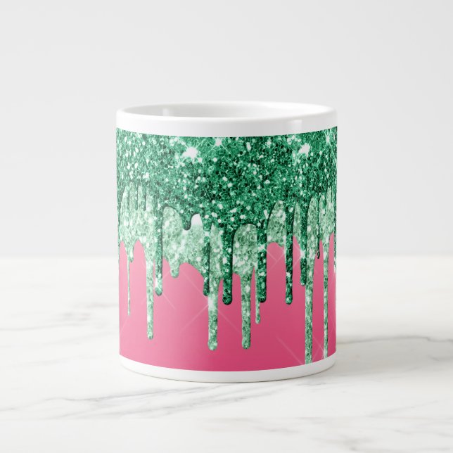 Caneca De Café Grande Jumbo de Trendy Glitter Verde Coloca Glica Rosa (Frente)