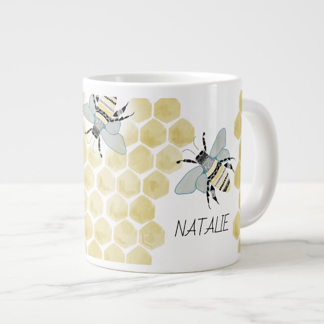Caneca De Café Grande Jumbo Zen Doodle Bee Mug PERSONALIZADO (Frente Esquerda)