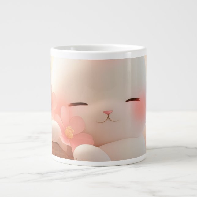Caneca De Café Grande "Kawaii Animal Coffee Mug - Cute Blush Cat Design" (Frente)