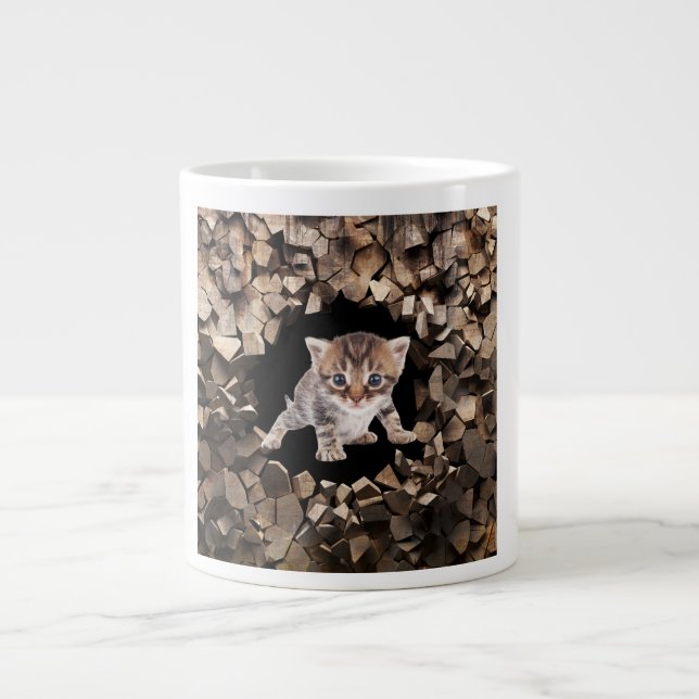 Caneca De Café Grande Kitten Purgando Através Da Cama De Parede (Frente)