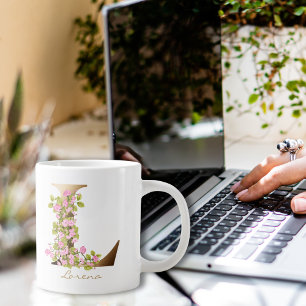 Caneca De Café Grande L - Letra Monograma Dourado Flores de cereja cor
