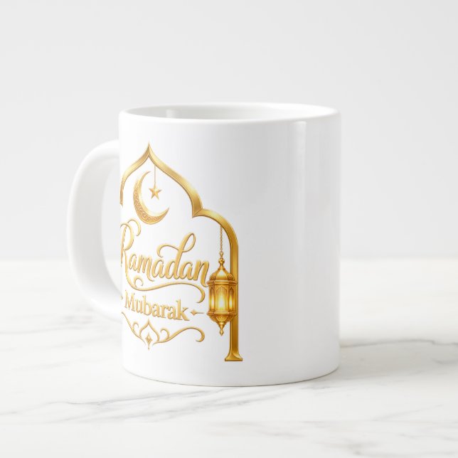 Caneca De Café Grande Lanterna de Arco Dourado Ramadan Mubarak (Frente Esquerda)