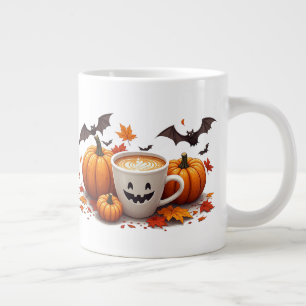Caneca De Café Grande Latte de Abóbora de Halloween com Morcegos e Folha